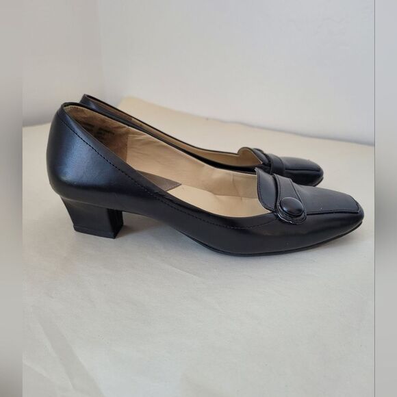 George Pumps Black Block Low Heel Almond Toe Office Modest Preppy Retro Office 8 - Picture 4 of 7
